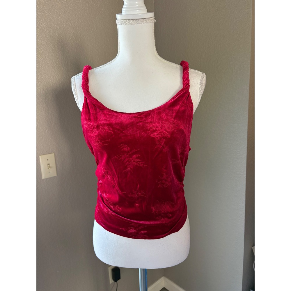 SHEIN Red Burnout Velvet Ruched Tank Top Floral Scoop‎ Neck Twisted Strap Large